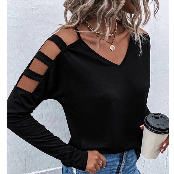 Rouge! Tops - Strappy Cold Shoulder Black Long Sleeve Tee Shirt V-Neck